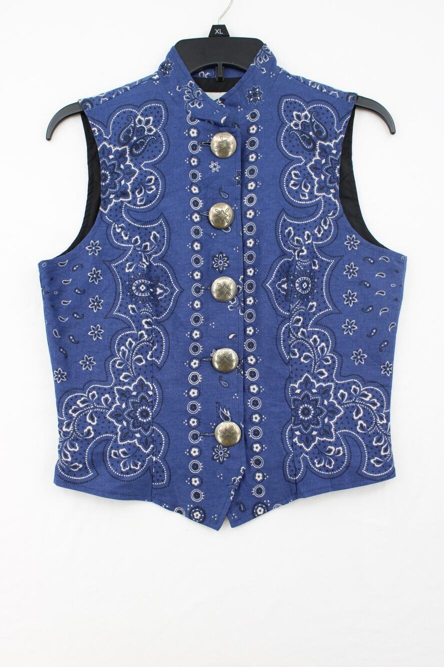VTG Cactus Flower Womens Vest Small Blue Bandana Print Concho Buttons Western
